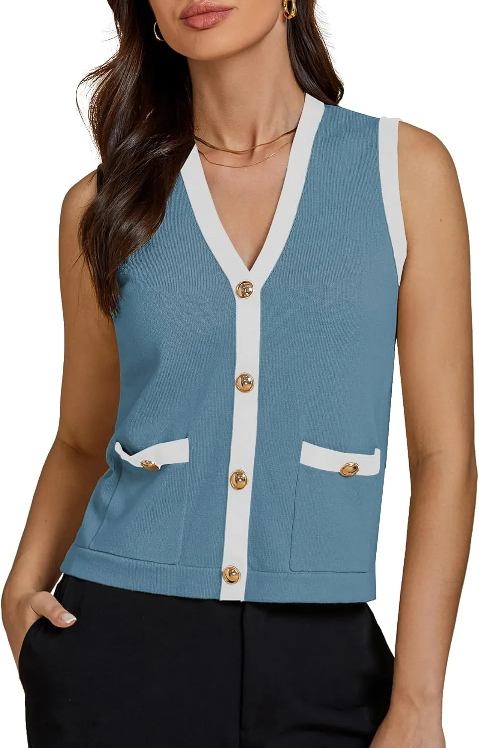 luvamia Knit Vest for Women Trendy Colorblock Button Down Dressy Casual Sleeveless Summer Sweater Vests Top with Pockets