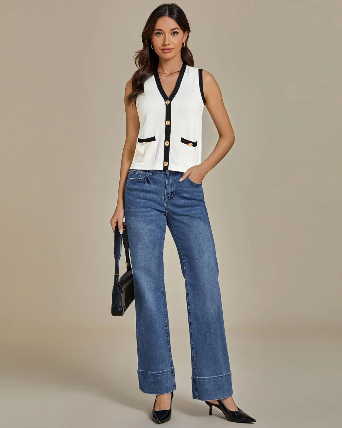 luvamia Knit Vest for Women Trendy Colorblock Button Down Dressy Casual Sleeveless Summer Sweater Vests Top with Pockets