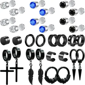 Magnetic Earrings - 15 Pairs Clip On, Non-Pierced, Fake Earrings - Black Cross Hoop Dangle for Men & Women