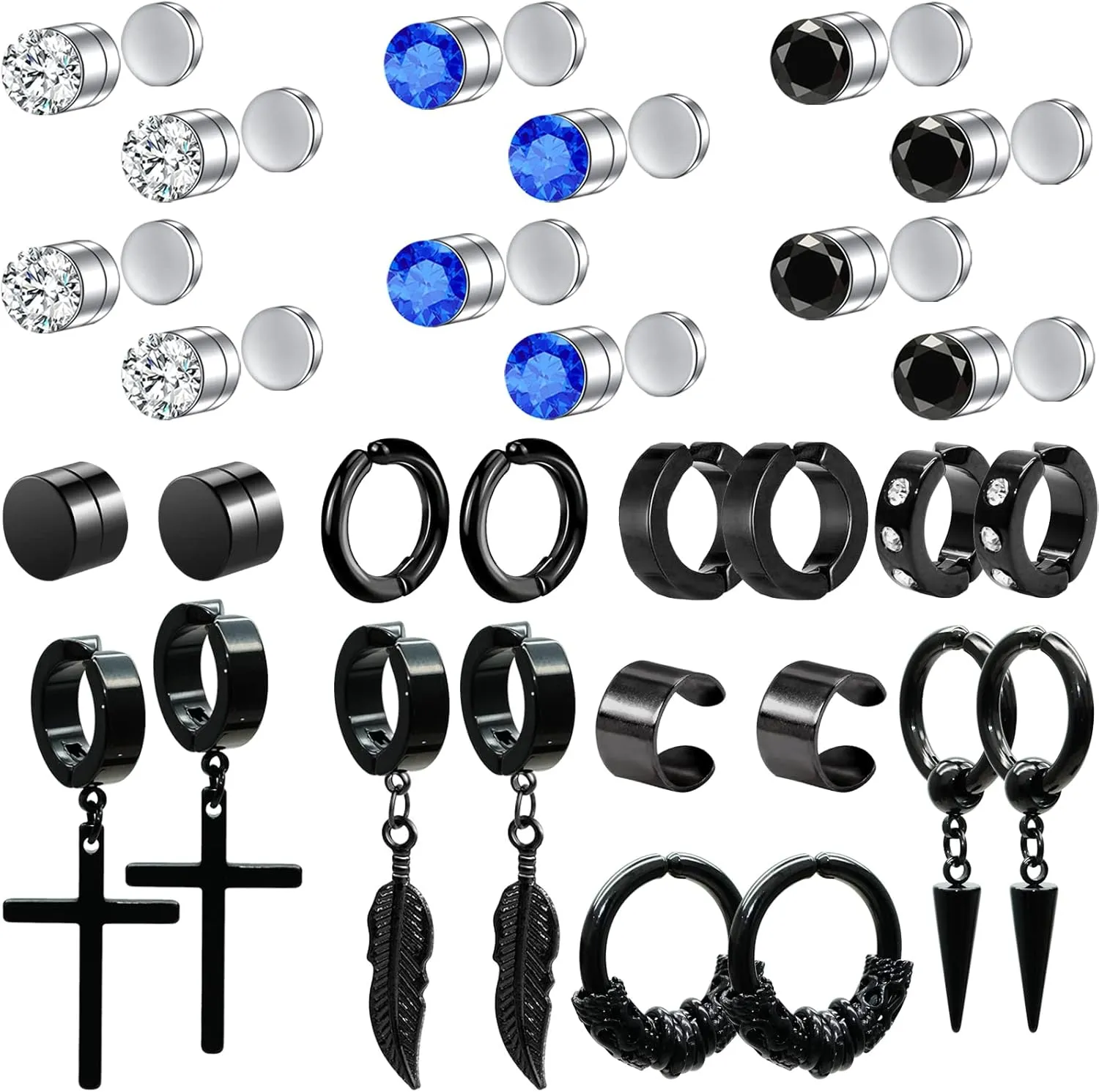 Magnetic Earrings - 15 Pairs Clip On, Non-Pierced, Fake Earrings - Black Cross Hoop Dangle for Men & Women