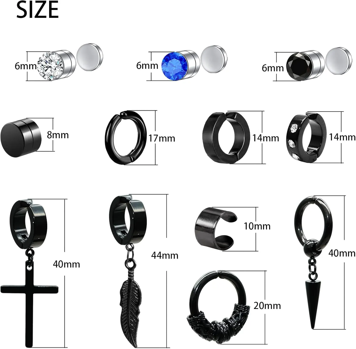 Magnetic Earrings - 15 Pairs Clip On, Non-Pierced, Fake Earrings - Black Cross Hoop Dangle for Men & Women