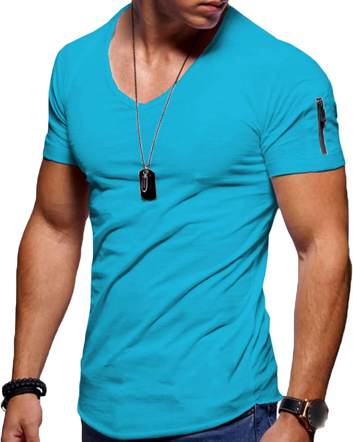 Maiyifu-GJ Men's V Neck Muscle Workout Athletic T-Shirt Bodybuilding Fashion Short Sleeve Slim Fit Zipper Tee Top