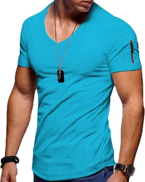 Maiyifu-GJ Men's V Neck Muscle Workout Athletic T-Shirt Bodybuilding Fashion Short Sleeve Slim Fit Zipper Tee Top