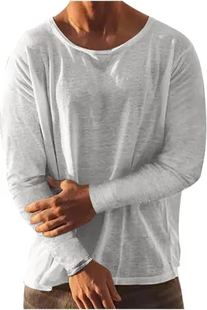 Men Long Sleeve Cotton Linen Tee Shirts Loose Crew Neck Solid Color Pullover Casual Fashion Comfort T-Shirts