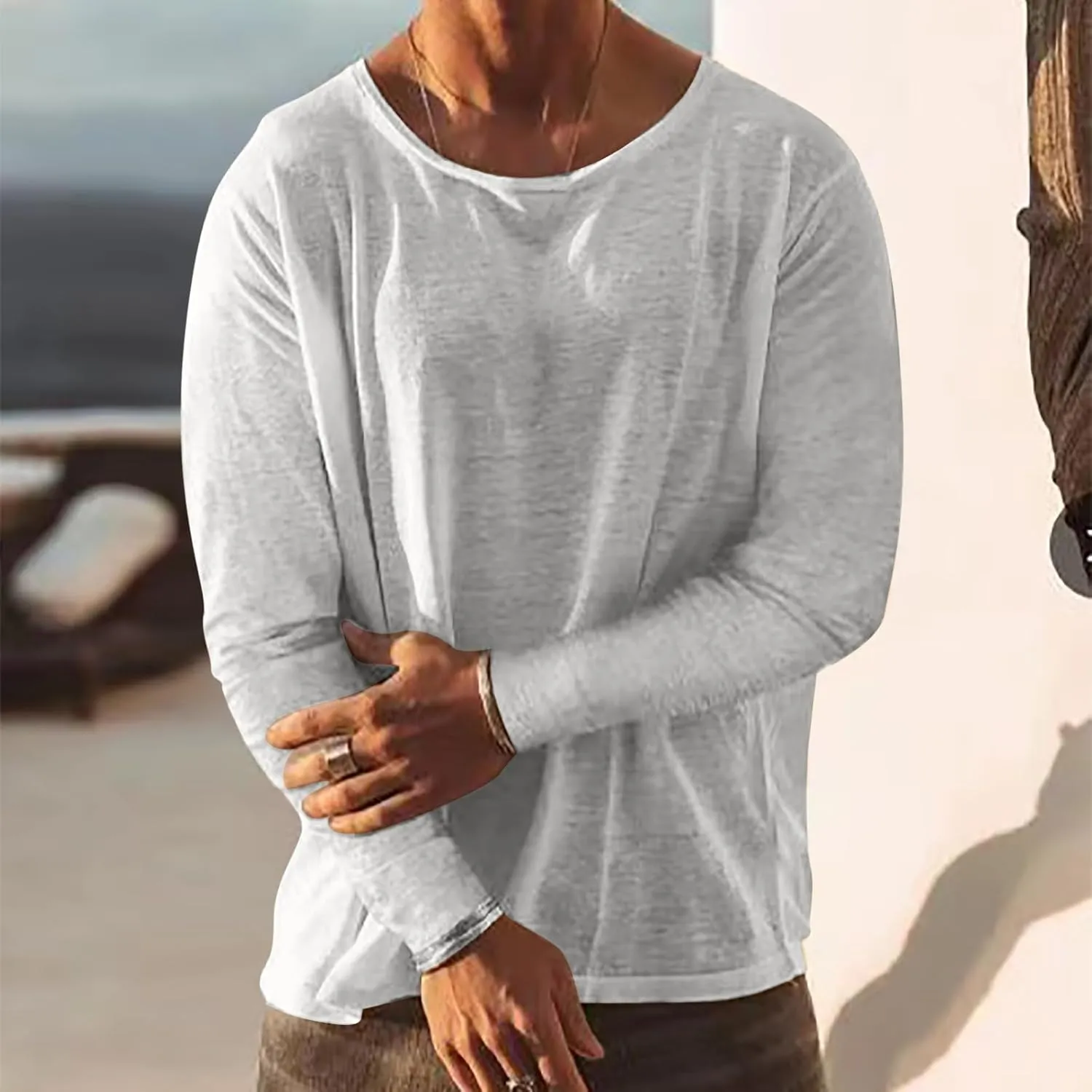 Men Long Sleeve Cotton Linen Tee Shirts Loose Crew Neck Solid Color Pullover Casual Fashion Comfort T-Shirts