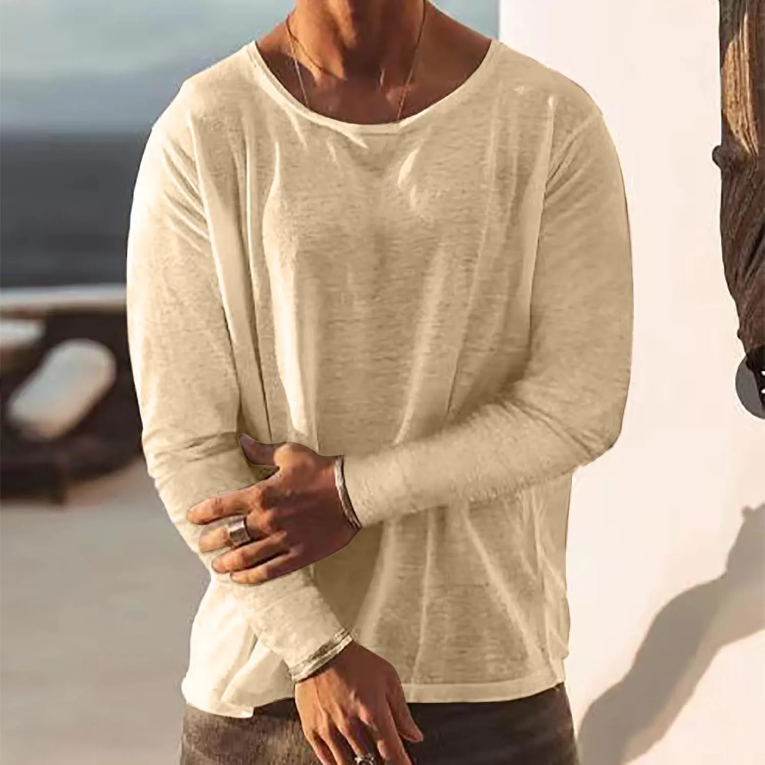 Men Long Sleeve Cotton Linen Tee Shirts Loose Crew Neck Solid Color Pullover Casual Fashion Comfort T-Shirts