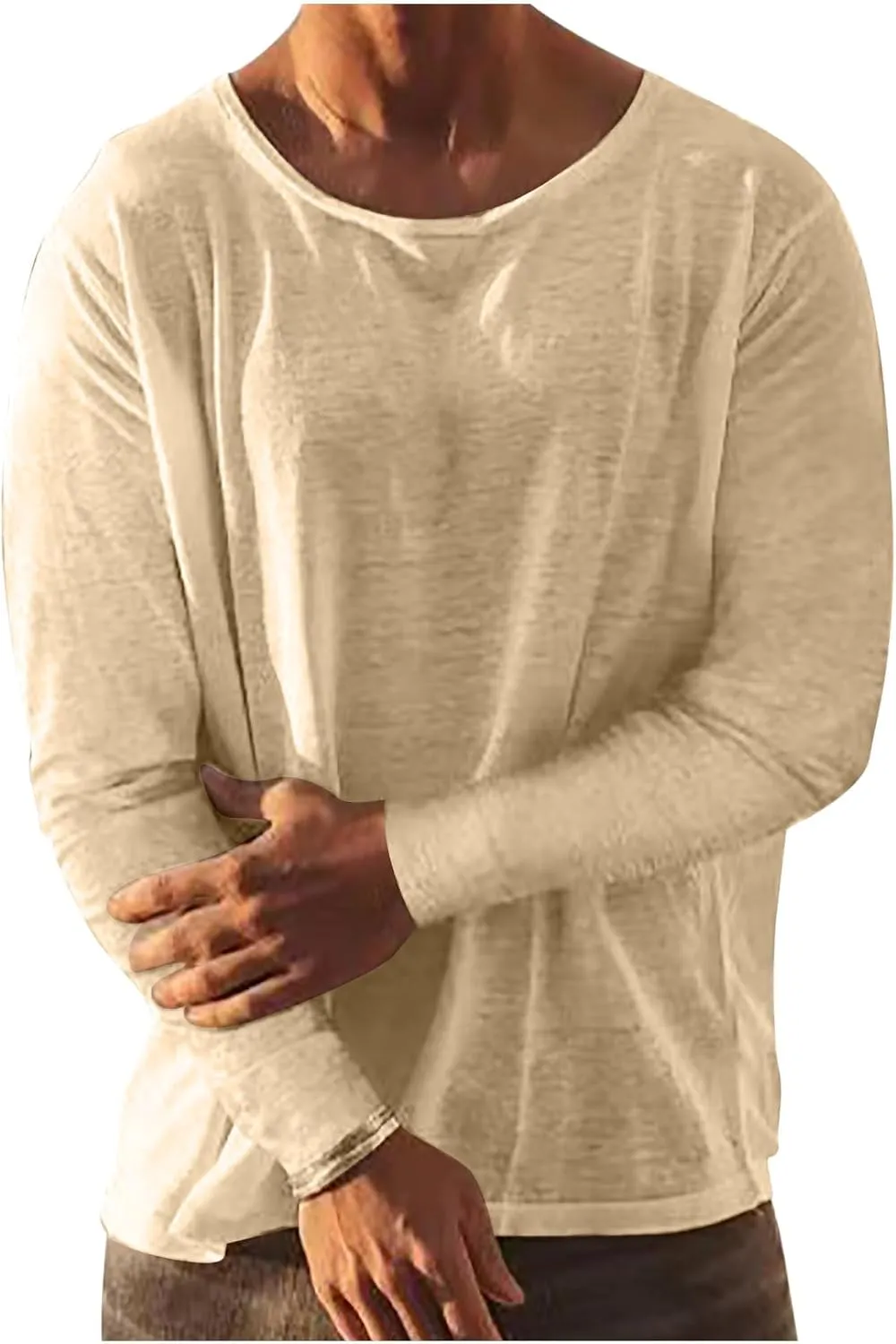 Men Long Sleeve Cotton Linen Tee Shirts Loose Crew Neck Solid Color Pullover Casual Fashion Comfort T-Shirts