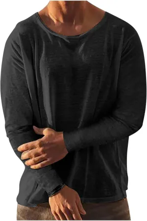 Men Long Sleeve Cotton Linen Tee Shirts Loose Crew Neck Solid Color Pullover Casual Fashion Comfort T-Shirts