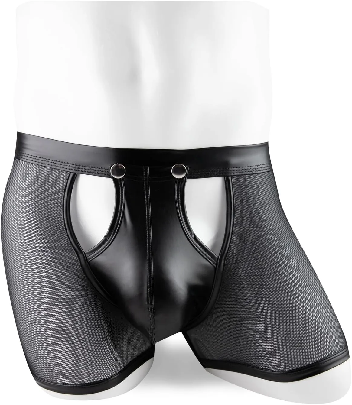 Men Sexy Boxer Briefs Faux Leather See Through Mesh Underwear Funny Button Removable Pouch