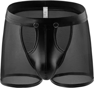 Men Sexy Boxer Briefs Faux Leather See Through Mesh Underwear Funny Button Removable Pouch