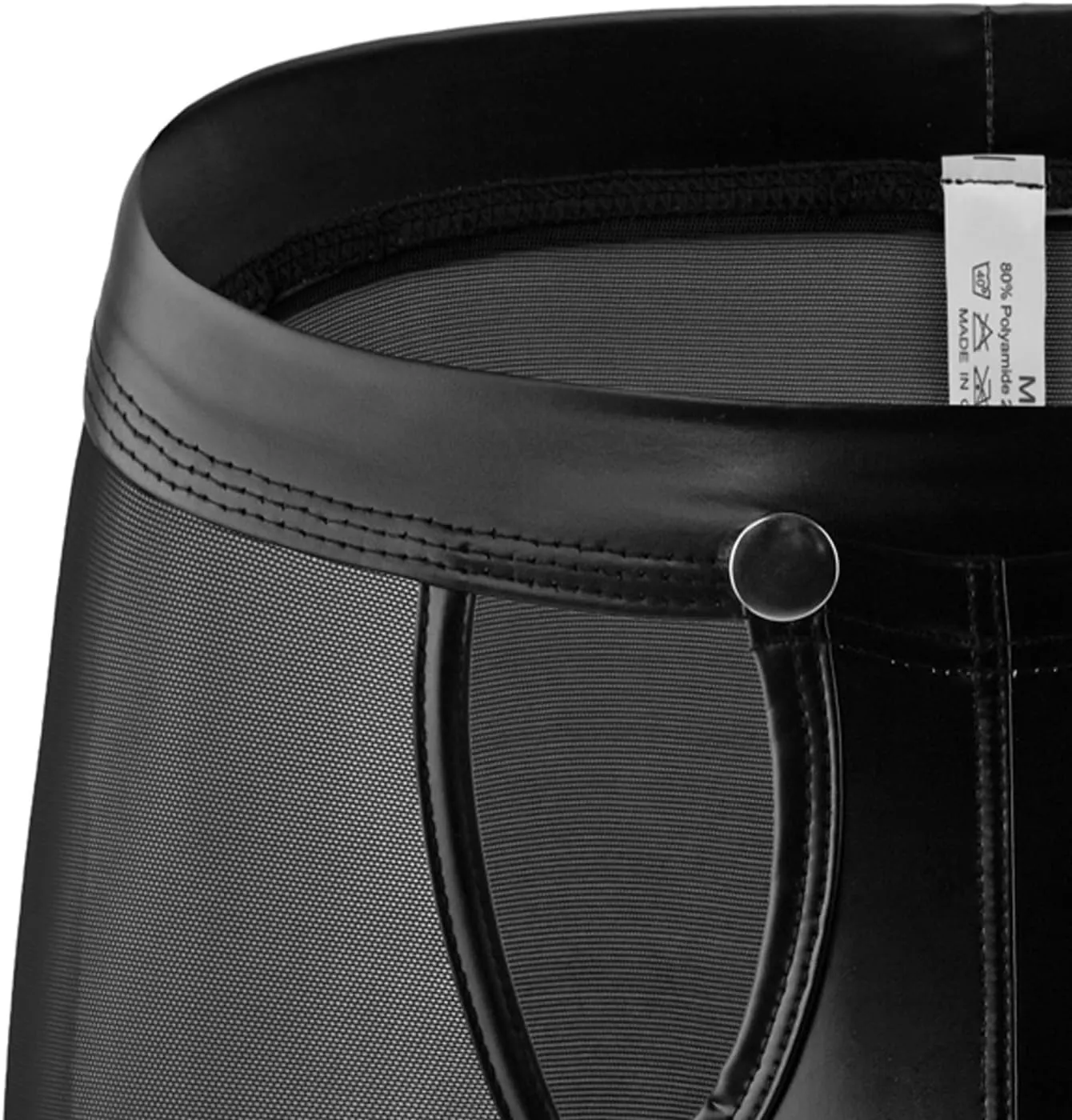 Men Sexy Boxer Briefs Faux Leather See Through Mesh Underwear Funny Button Removable Pouch