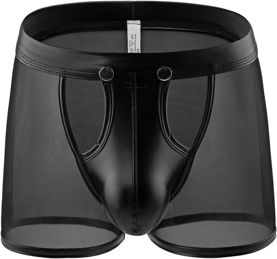 Men Sexy Boxer Briefs Faux Leather See Through Mesh Underwear Funny Button Removable Pouch