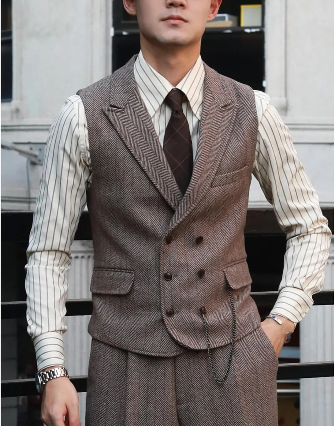 Men Vests Wool Herringbone Tweed Suit Vest Double Breasted Waistcoat