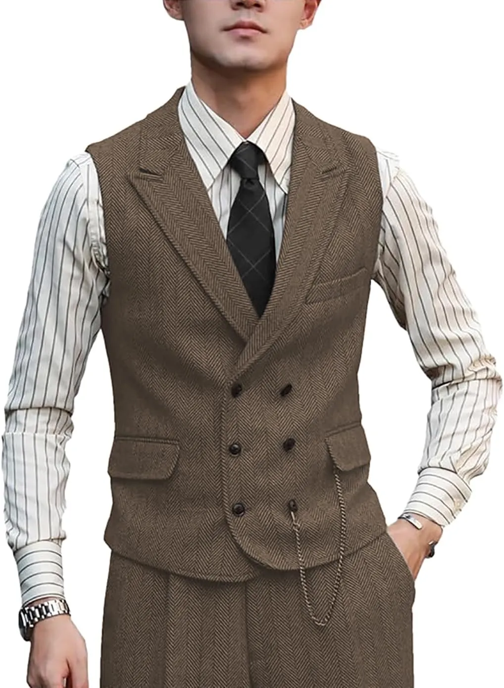 Men Vests Wool Herringbone Tweed Suit Vest Double Breasted Waistcoat