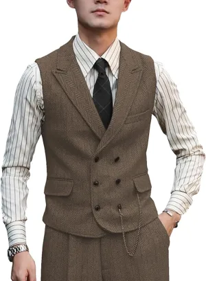 Men Vests Wool Herringbone Tweed Suit Vest Double Breasted Waistcoat