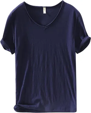Mens 100% Cotton V-Neck T Shirts Loose Fit Soft Short Sleeve Streetwear Basic Tee Tops Summer Beach Hippie Shirt