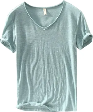 Mens 100% Cotton V-Neck T Shirts Loose Fit Soft Short Sleeve Streetwear Basic Tee Tops Summer Beach Hippie Shirt