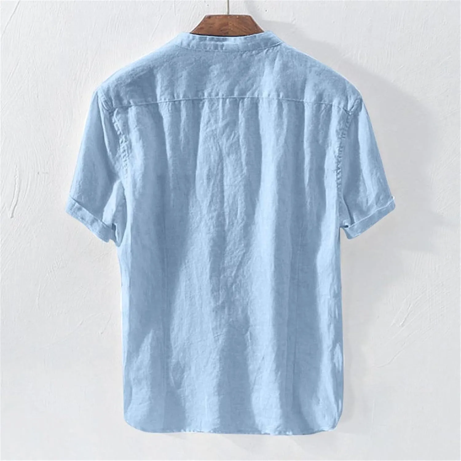 Men's Button Down Short Sleeve Shirts Lightweight Cotton Linen Casual Loose Fit Shirt Band Collar Hippie Beach Tops