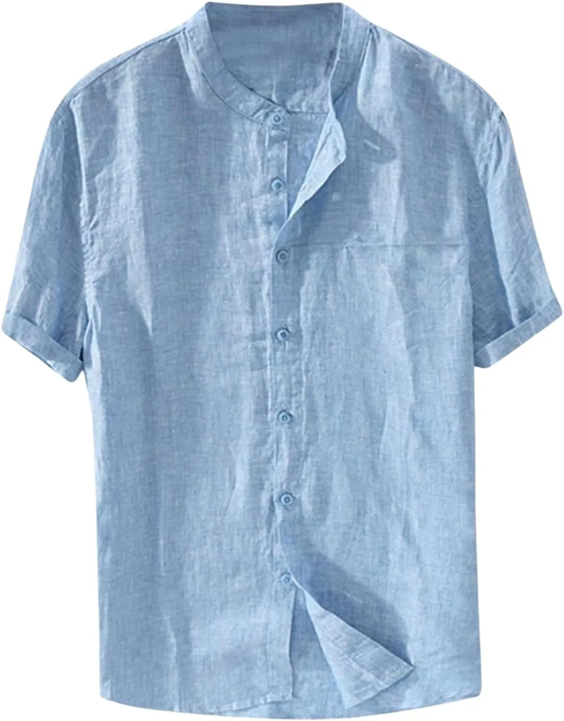 Men's Button Down Short Sleeve Shirts Lightweight Cotton Linen Casual Loose Fit Shirt Band Collar Hippie Beach Tops