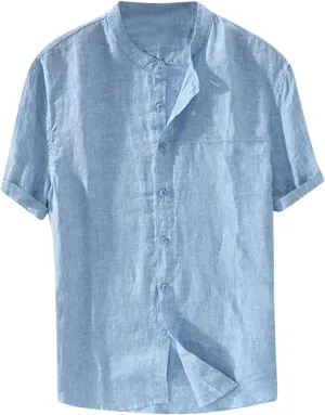 Men's Button Down Short Sleeve Shirts Lightweight Cotton Linen Casual Loose Fit Shirt Band Collar Hippie Beach Tops