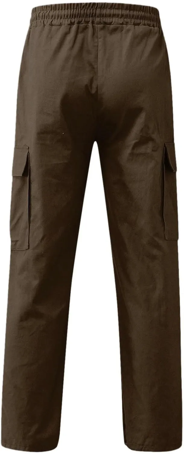 Men's Cargo Combat Pants Casual Linen Stretch Drawstring Pant Sweatpant Joggers Loose Fit Loungewear