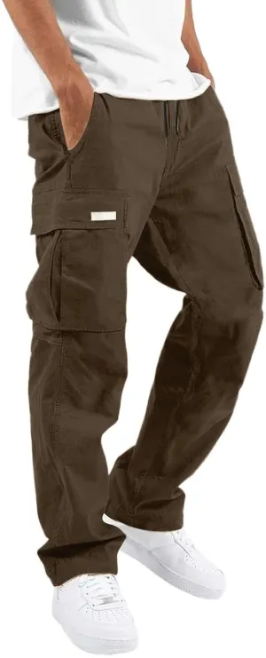 Men's Cargo Combat Pants Casual Linen Stretch Drawstring Pant Sweatpant Joggers Loose Fit Loungewear