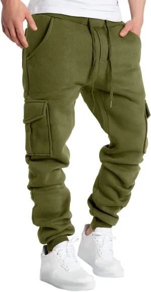 Mens Cargo Sweatpants Baggy Drawstring Elastic Waist Athletic Gym Pants Fall Winter Long Trousers with Pockets