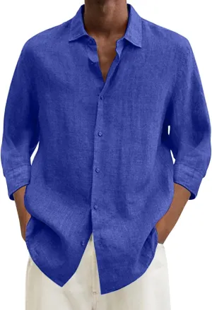 Mens Casual Linen Shirts 3/4 Sleeve Button Down Shirt Hawaiian Vacation Summer Tees Outdoor Plain Beach Collared Tops