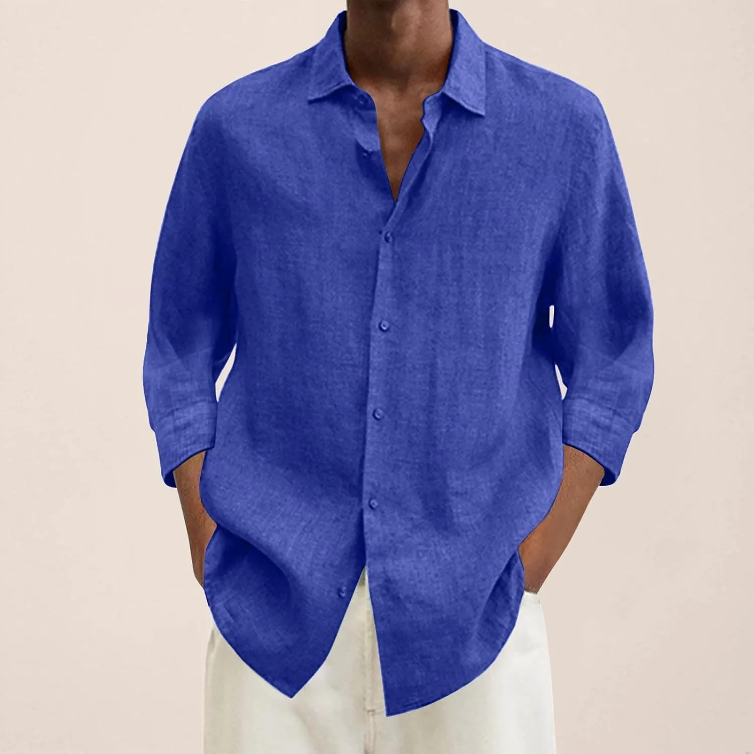 Mens Casual Linen Shirts 3/4 Sleeve Button Down Shirt Hawaiian Vacation Summer Tees Outdoor Plain Beach Collared Tops