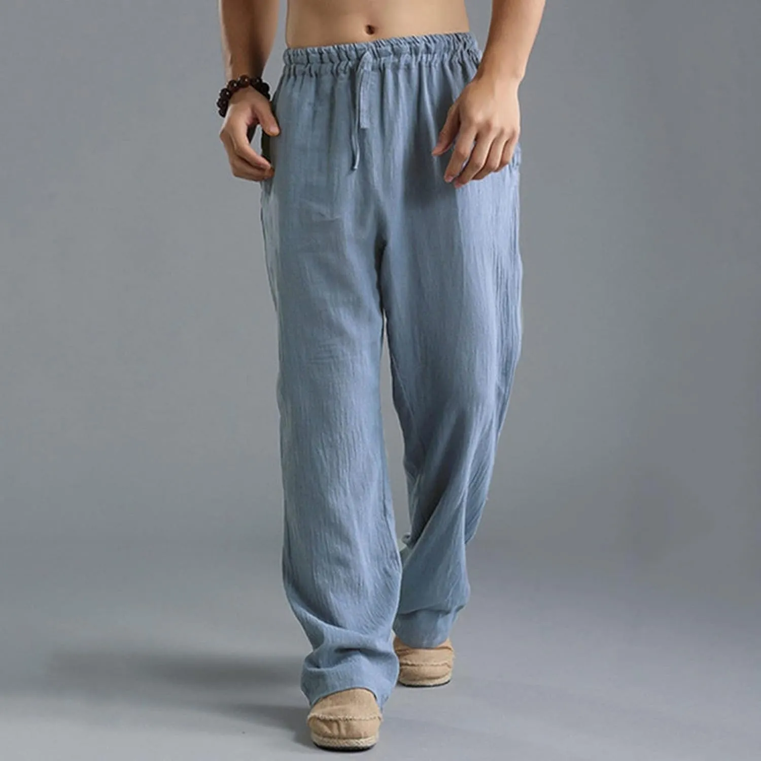 Mens Cotton Linen Pants Summer Drawstring Trousers Elastic Waist Casual Jogger Loose Beach Yoga Pants Solid Sweatpants