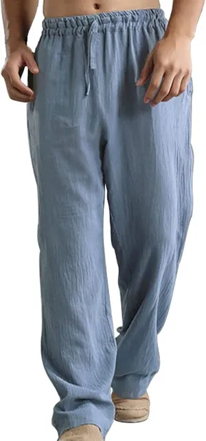 Mens Cotton Linen Pants Summer Drawstring Trousers Elastic Waist Casual Jogger Loose Beach Yoga Pants Solid Sweatpants