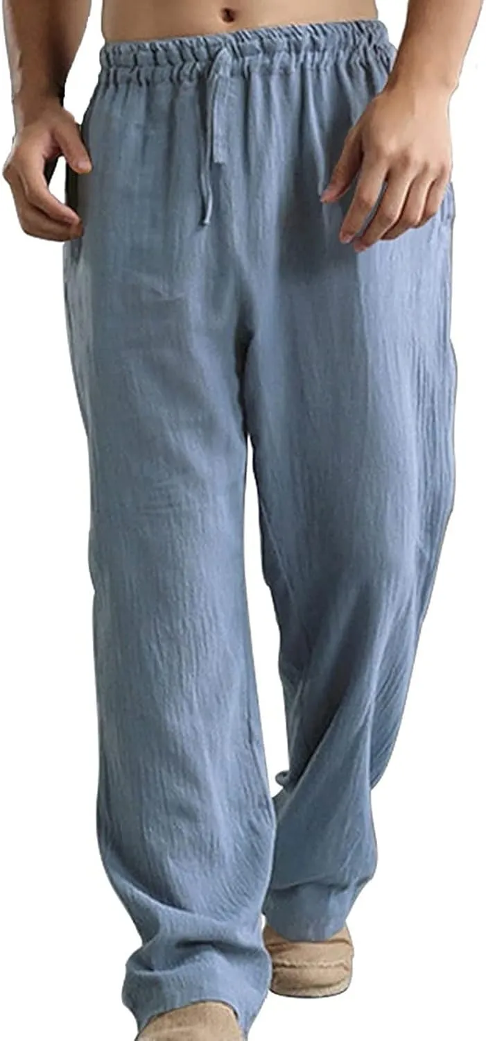 Mens Cotton Linen Pants Summer Drawstring Trousers Elastic Waist Casual Jogger Loose Beach Yoga Pants Solid Sweatpants