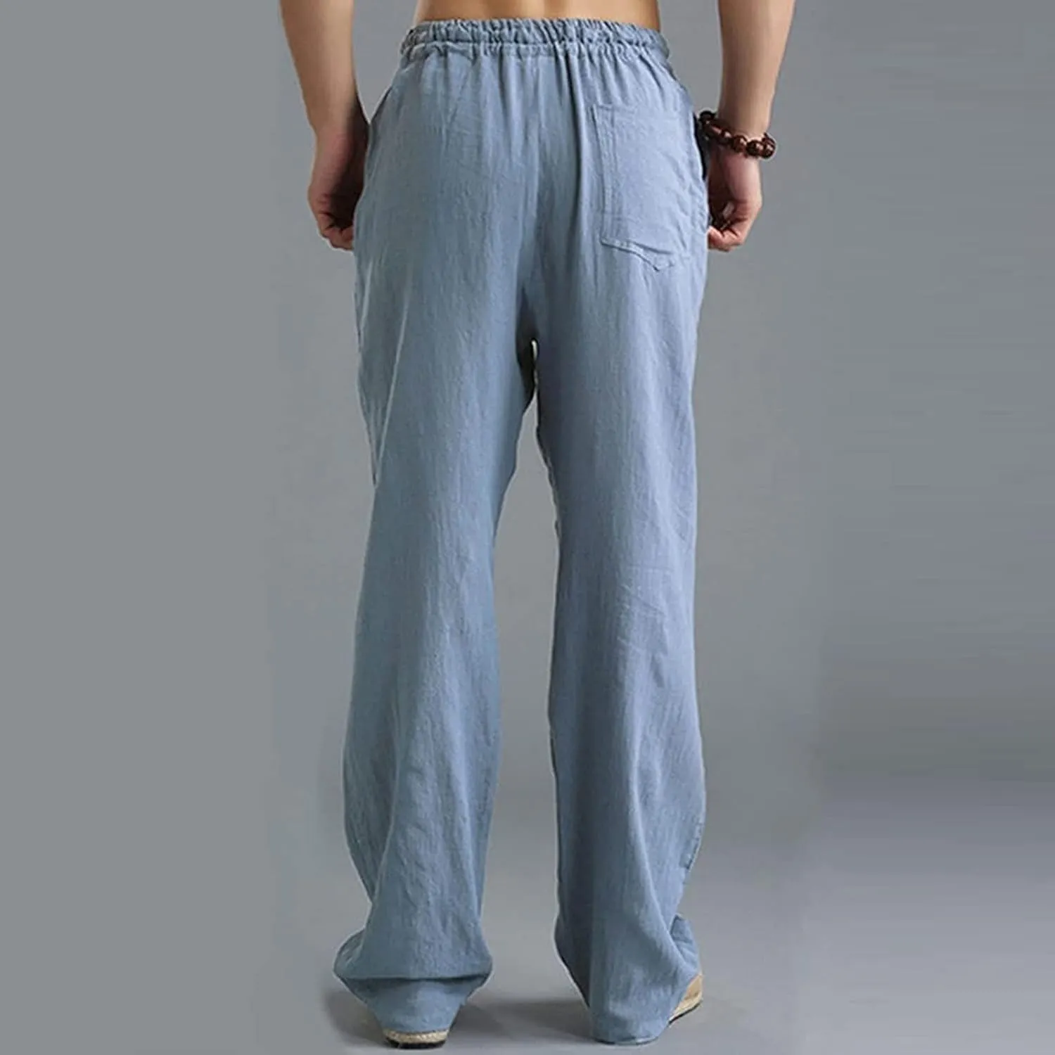 Mens Cotton Linen Pants Summer Drawstring Trousers Elastic Waist Casual Jogger Loose Beach Yoga Pants Solid Sweatpants