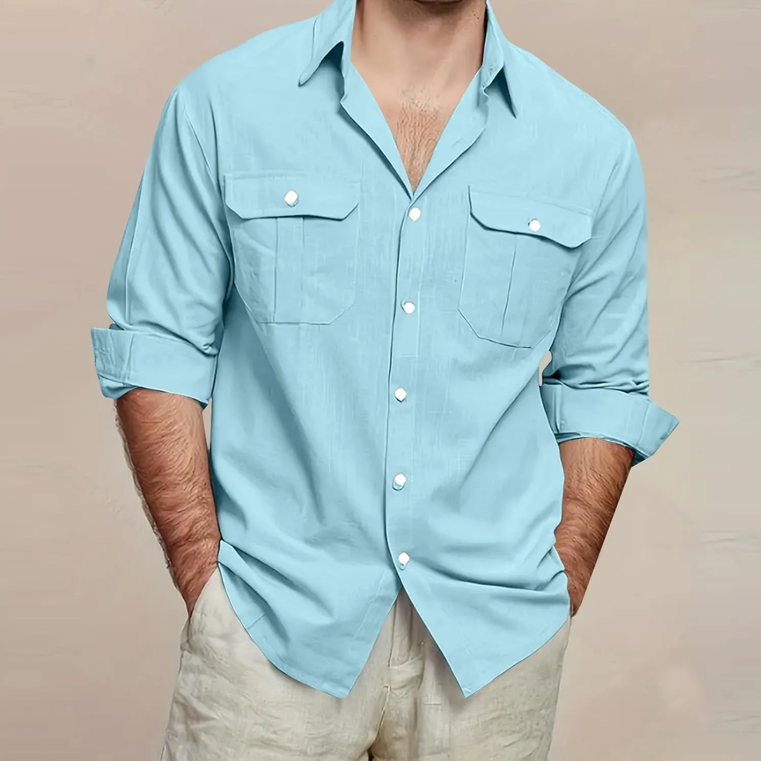Mens Cotton Linen Shirts Casual Long Sleeve Button Down Shirt Beach Vacation Lightweight Breathable Blouses