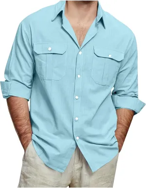 Mens Cotton Linen Shirts Casual Long Sleeve Button Down Shirt Beach Vacation Lightweight Breathable Blouses