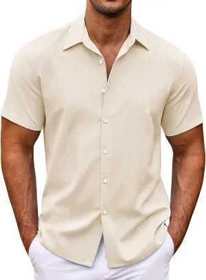 Men's Cuban Guayabera Shirt Short Sleeve Button Down Big Tall Shirts Loose Fit Casual Summer Beach Hippie Shirts