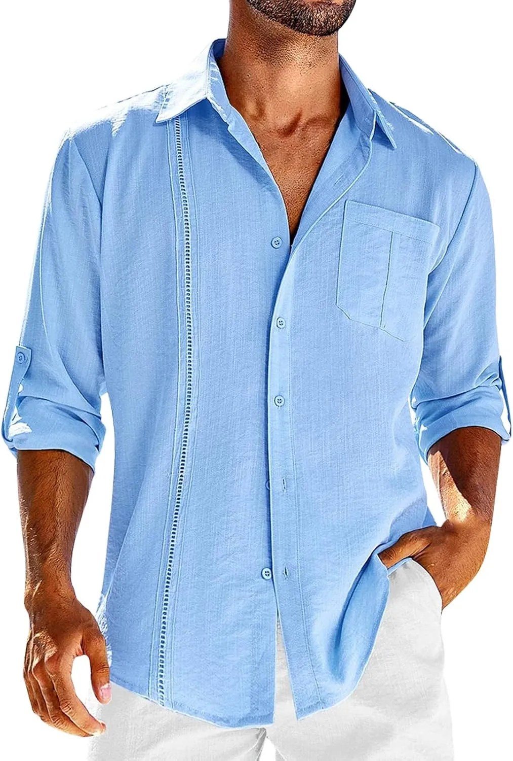 Mens Cuban Guayabera Shirts Tab Collared Long Sleeve Linen Button Down Shirts Solid Color Work T Shirts Beach Tops