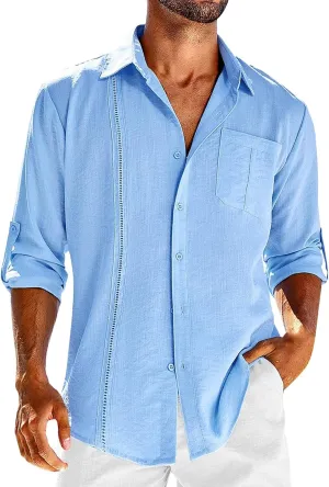 Mens Cuban Guayabera Shirts Tab Collared Long Sleeve Linen Button Down Shirts Solid Color Work T Shirts Beach Tops
