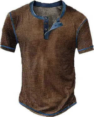 Mens Distressed Henley Shirts Vintage Color Block Waffle Plaid Short Sleeve Button T-Shirt Slim Fit Casual Shirt