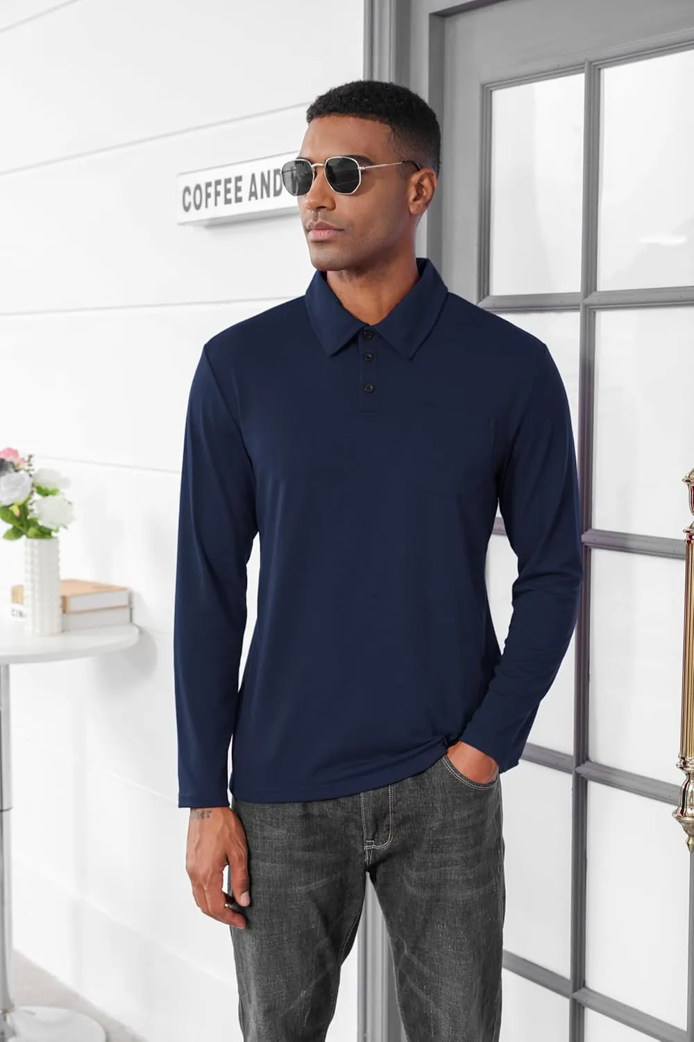 Mens Fashion Polo Shirts Casual Long Sleeve Classic Polo T-Shirts Thermal Golf Shirts Slim Fit Tops