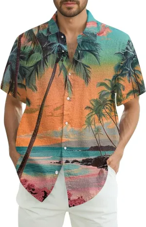 Mens Hawaiian Shirt Button Down Short Sleeve Beach Shirts Floral Tropical Print 2025 Summer Tshirt Lapel Collared Tops
