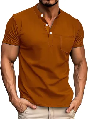 Mens Henley Shirts Short Sleeve Muscle Slim Fit Cotton Casual Summer Pocket Big and Tall Work Plain Tshirts Tops