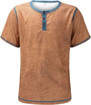 Mens Henley Shirts Vintage Color Block Waffle Plaid Short Sleeve Button T-Shirt Slim Fit Casual Polyester Shirt