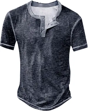 Mens Henley Shirts Vintage Color Block Waffle Plaid Short Sleeve Button T-Shirt Slim Fit Casual Polyester Shirt