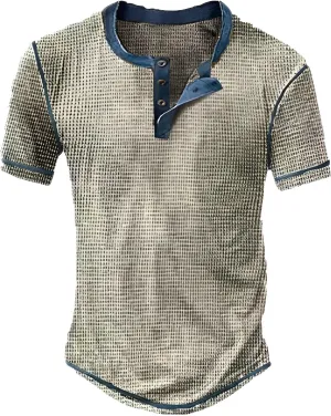 Mens Henley Shirts Vintage Color Block Waffle Plaid Short Sleeve Button T-Shirt Slim Fit Casual Polyester Shirt