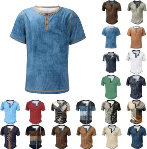 Mens Henley Shirts Vintage Color Block Waffle Plaid Short Sleeve Button T-Shirt Slim Fit Casual Polyester Shirt