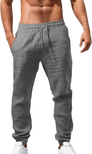 Mens Lightweight Casual Linen Pants Elastic Waist Drawstring Tactical Pants Workout Trousers with Pocket