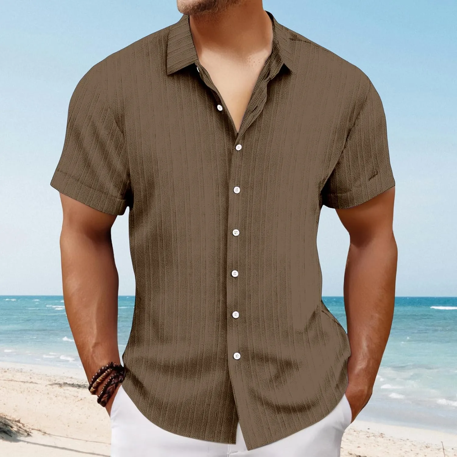 Mens Linen Button-Down Shirts Casual Loose Striped Jacquard Long Sleeve Beach Shirt