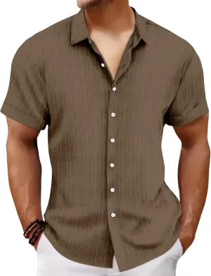 Mens Linen Button-Down Shirts Casual Loose Striped Jacquard Long Sleeve Beach Shirt