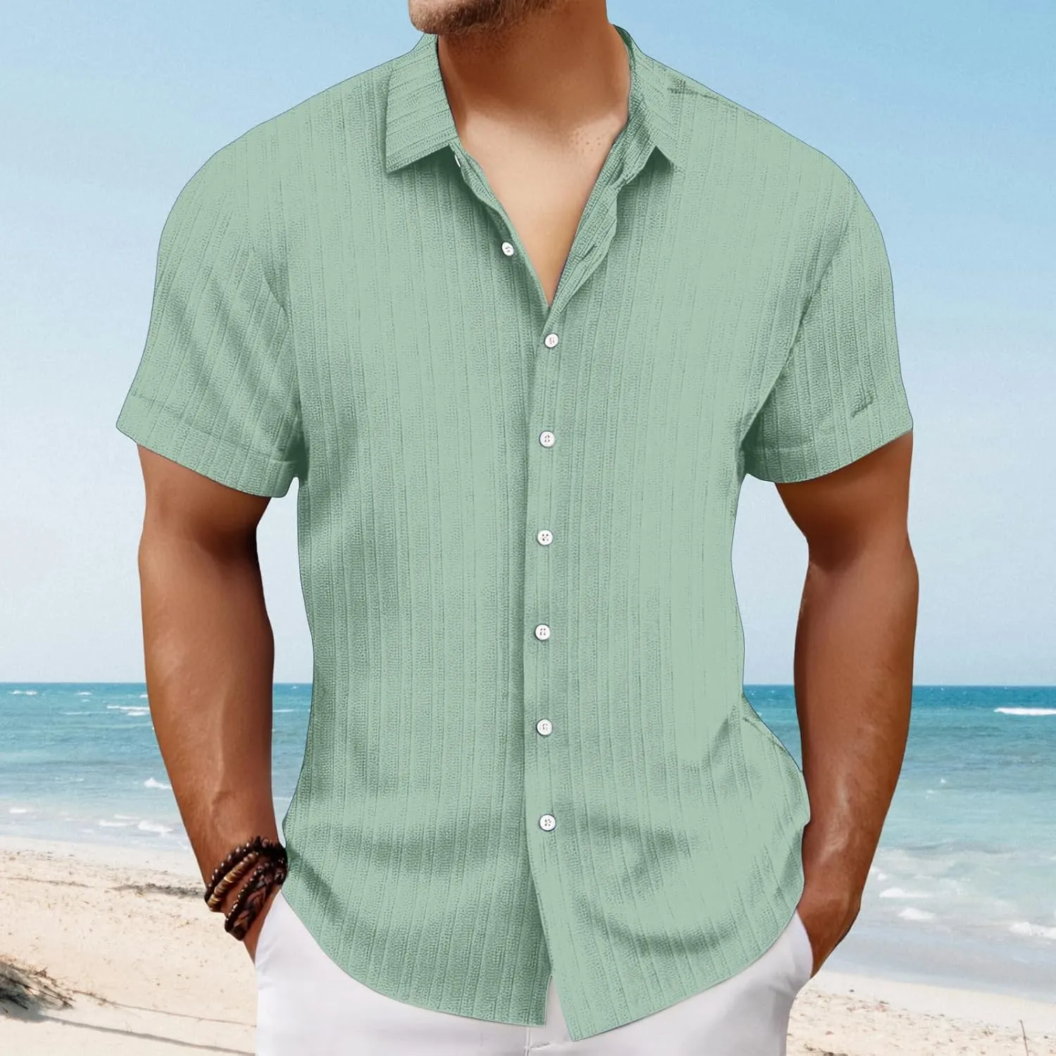 Mens Linen Button-Down Shirts Casual Loose Striped Jacquard Long Sleeve Beach Shirt